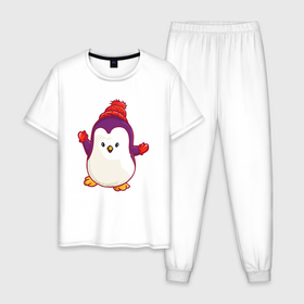 Мужская пижама хлопок с принтом Пингвин в  шапке в Санкт-Петербурге, 100% хлопок | брюки и футболка прямого кроя, без карманов, на брюках мягкая резинка на поясе и по низу штанин
 | Тематика изображения на принте: 