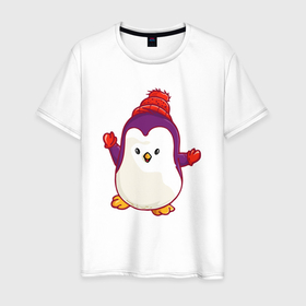 Мужская футболка хлопок с принтом Пингвин в  шапке в Курске, 100% хлопок | прямой крой, круглый вырез горловины, длина до линии бедер, слегка спущенное плечо. | 