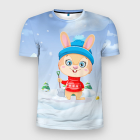 Мужская футболка 3D Slim с принтом Зайчик чистит снег в Санкт-Петербурге, 100% полиэстер с улучшенными характеристиками | приталенный силуэт, круглая горловина, широкие плечи, сужается к линии бедра | Тематика изображения на принте: 