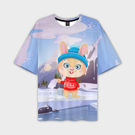 Мужская футболка OVERSIZE 3D с принтом Зайчик  чистит снег в Санкт-Петербурге,  |  | Тематика изображения на принте: 