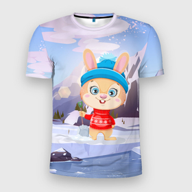 Мужская футболка 3D Slim с принтом Зайчик  чистит снег в Санкт-Петербурге, 100% полиэстер с улучшенными характеристиками | приталенный силуэт, круглая горловина, широкие плечи, сужается к линии бедра | Тематика изображения на принте: 
