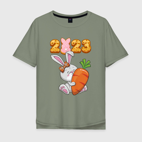 Мужская футболка хлопок Oversize с принтом Зайчик с морковкой  2023 в Курске, 100% хлопок | свободный крой, круглый ворот, “спинка” длиннее передней части | Тематика изображения на принте: 