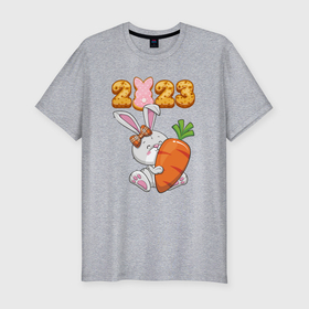 Мужская футболка хлопок Slim с принтом Зайчик с морковкой  2023 в Кировске, 92% хлопок, 8% лайкра | приталенный силуэт, круглый вырез ворота, длина до линии бедра, короткий рукав | 
