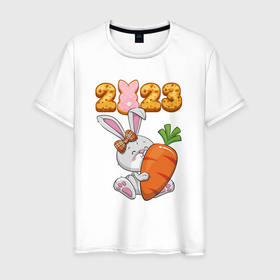 Мужская футболка хлопок с принтом Зайчик с морковкой  2023 в Петрозаводске, 100% хлопок | прямой крой, круглый вырез горловины, длина до линии бедер, слегка спущенное плечо. | 