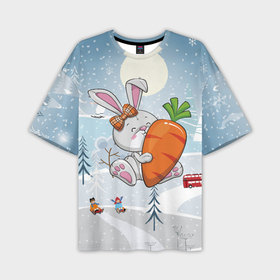 Мужская футболка OVERSIZE 3D с принтом Зайчик  с  большой морковкой в Курске,  |  | Тематика изображения на принте: 