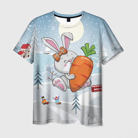 Мужская футболка 3D с принтом Зайчик  с  большой морковкой , 100% полиэфир | прямой крой, круглый вырез горловины, длина до линии бедер | Тематика изображения на принте: 
