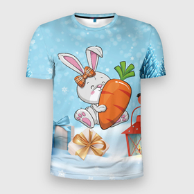 Мужская футболка 3D Slim с принтом Заяц с большой  морковкой в Петрозаводске, 100% полиэстер с улучшенными характеристиками | приталенный силуэт, круглая горловина, широкие плечи, сужается к линии бедра | 