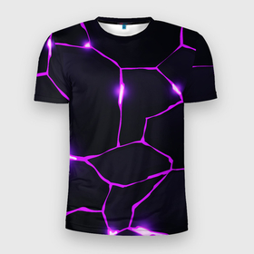 Мужская футболка 3D Slim с принтом Фиолетовые неоновые трещины в Петрозаводске, 100% полиэстер с улучшенными характеристиками | приталенный силуэт, круглая горловина, широкие плечи, сужается к линии бедра | 