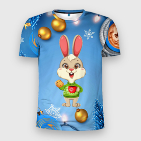 Мужская футболка 3D Slim с принтом Новогодний зайчик с кофе в Белгороде, 100% полиэстер с улучшенными характеристиками | приталенный силуэт, круглая горловина, широкие плечи, сужается к линии бедра | Тематика изображения на принте: 