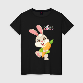 Женская футболка хлопок с принтом 2023   зайчонок с  морковкой в Курске, 100% хлопок | прямой крой, круглый вырез горловины, длина до линии бедер, слегка спущенное плечо | 