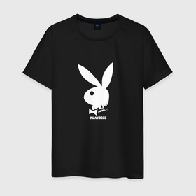 Мужская футболка хлопок с принтом Черный кролик с надписью play2023 в Курске, 100% хлопок | прямой крой, круглый вырез горловины, длина до линии бедер, слегка спущенное плечо. | 