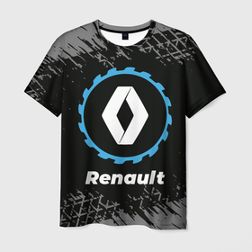 Мужская футболка 3D с принтом Renault в стиле Top Gear со следами шин на фоне в Екатеринбурге, 100% полиэфир | прямой крой, круглый вырез горловины, длина до линии бедер | 