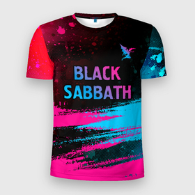 Мужская футболка 3D Slim с принтом Black Sabbath   neon gradient: символ сверху в Кировске, 100% полиэстер с улучшенными характеристиками | приталенный силуэт, круглая горловина, широкие плечи, сужается к линии бедра | 