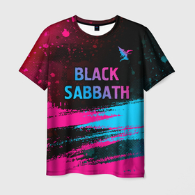 Мужская футболка 3D с принтом Black Sabbath   neon gradient: символ сверху в Тюмени, 100% полиэфир | прямой крой, круглый вырез горловины, длина до линии бедер | 