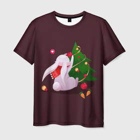 Мужская футболка 3D с принтом Милый новогодний кролик 2023 в Новосибирске, 100% полиэфир | прямой крой, круглый вырез горловины, длина до линии бедер | Тематика изображения на принте: 