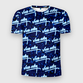 Мужская футболка 3D Slim с принтом GTA Vice City   logo pattern в Петрозаводске, 100% полиэстер с улучшенными характеристиками | приталенный силуэт, круглая горловина, широкие плечи, сужается к линии бедра | Тематика изображения на принте: 