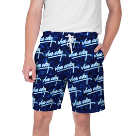 Мужские шорты 3D с принтом GTA Vice City   logo pattern в Тюмени,  полиэстер 100% | прямой крой, два кармана без застежек по бокам. Мягкая трикотажная резинка на поясе, внутри которой широкие завязки. Длина чуть выше колен | 