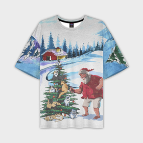 Мужская футболка OVERSIZE 3D с принтом Санта Клаус и ёлка с котами в Новосибирске,  |  | Тематика изображения на принте: 