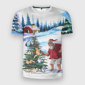 Мужская футболка 3D Slim с принтом Санта Клаус и ёлка с котами в Екатеринбурге, 100% полиэстер с улучшенными характеристиками | приталенный силуэт, круглая горловина, широкие плечи, сужается к линии бедра | 