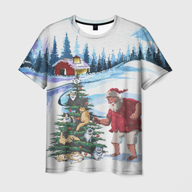 Мужская футболка 3D с принтом Санта Клаус и ёлка с котами в Екатеринбурге, 100% полиэфир | прямой крой, круглый вырез горловины, длина до линии бедер | 