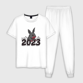Мужская пижама хлопок с принтом Чёрный кровожадный кролик , 100% хлопок | брюки и футболка прямого кроя, без карманов, на брюках мягкая резинка на поясе и по низу штанин
 | Тематика изображения на принте: 