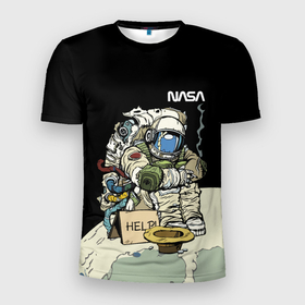 Мужская футболка 3D Slim с принтом NASA   Help Astronaut   Joke в Екатеринбурге, 100% полиэстер с улучшенными характеристиками | приталенный силуэт, круглая горловина, широкие плечи, сужается к линии бедра | 