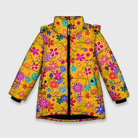Зимняя куртка для девочек 3D с принтом Нарисованные цветы   орнамент в Екатеринбурге, ткань верха — 100% полиэстер; подклад — 100% полиэстер, утеплитель — 100% полиэстер. | длина ниже бедра, удлиненная спинка, воротник стойка и отстегивающийся капюшон. Есть боковые карманы с листочкой на кнопках, утяжки по низу изделия и внутренний карман на молнии. 

Предусмотрены светоотражающий принт на спинке, радужный светоотражающий элемент на пуллере молнии и на резинке для утяжки. | Тематика изображения на принте: 