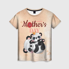 Женская футболка 3D с принтом День матери у панд в Петрозаводске, 100% полиэфир ( синтетическое хлопкоподобное полотно) | прямой крой, круглый вырез горловины, длина до линии бедер | 