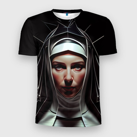 Мужская футболка 3D Slim с принтом Нейросеть: готическая монахиня в Петрозаводске, 100% полиэстер с улучшенными характеристиками | приталенный силуэт, круглая горловина, широкие плечи, сужается к линии бедра | 