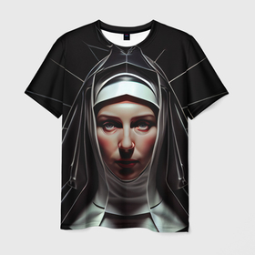 Мужская футболка 3D с принтом Нейросеть: монахиня , 100% полиэфир | прямой крой, круглый вырез горловины, длина до линии бедер | 