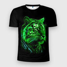 Мужская футболка 3D Slim с принтом Нейросеть: неоновый зелёный тигр в Тюмени, 100% полиэстер с улучшенными характеристиками | приталенный силуэт, круглая горловина, широкие плечи, сужается к линии бедра | Тематика изображения на принте: 