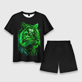 Мужской костюм с шортами 3D с принтом Нейросеть: неоновый зелёный тигр в Кировске,  |  | Тематика изображения на принте: 