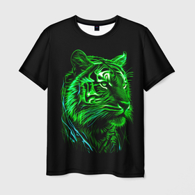 Мужская футболка 3D с принтом Нейросеть: неоновый зелёный тигр , 100% полиэфир | прямой крой, круглый вырез горловины, длина до линии бедер | 