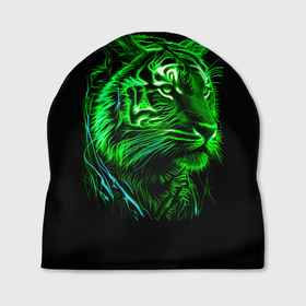 Шапка 3D с принтом Нейросеть: неоновый зелёный тигр в Кировске, 100% полиэстер | универсальный размер, печать по всей поверхности изделия | Тематика изображения на принте: 
