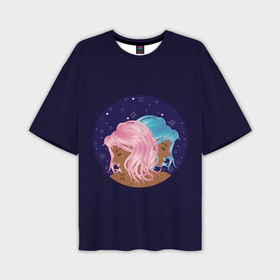 Мужская футболка OVERSIZE 3D с принтом Девушка с розовыми волосами и девушка с голубыми волосами знак зодиака Близнецы ,  |  | 