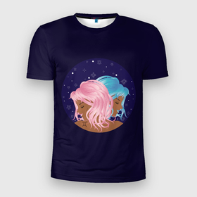 Мужская футболка 3D Slim с принтом Девушка с розовыми волосами и девушка с голубыми волосами знак зодиака Близнецы в Тюмени, 100% полиэстер с улучшенными характеристиками | приталенный силуэт, круглая горловина, широкие плечи, сужается к линии бедра | 