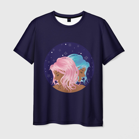 Мужская футболка 3D с принтом Девушка с розовыми волосами и девушка с голубыми волосами знак зодиака Близнецы в Кировске, 100% полиэфир | прямой крой, круглый вырез горловины, длина до линии бедер | 