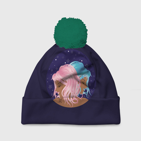 Шапка 3D c помпоном с принтом Девушка с розовыми волосами и девушка с голубыми волосами знак зодиака Близнецы в Курске, 100% полиэстер | универсальный размер, печать по всей поверхности изделия | 