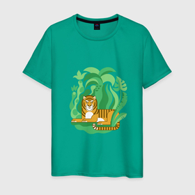 Мужская футболка хлопок с принтом Затаившийся тигр в джунглях в Курске, 100% хлопок | прямой крой, круглый вырез горловины, длина до линии бедер, слегка спущенное плечо. | 