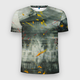 Мужская футболка 3D Slim с принтом Абстрактный силуэт дома и краски на поверхности в Петрозаводске, 100% полиэстер с улучшенными характеристиками | приталенный силуэт, круглая горловина, широкие плечи, сужается к линии бедра | 