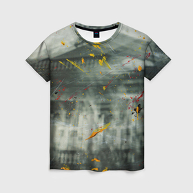 Женская футболка 3D с принтом Абстрактный силуэт дома и краски на поверхности в Петрозаводске, 100% полиэфир ( синтетическое хлопкоподобное полотно) | прямой крой, круглый вырез горловины, длина до линии бедер | 