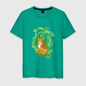 Мужская футболка хлопок с принтом Тигр в джунглях в Курске, 100% хлопок | прямой крой, круглый вырез горловины, длина до линии бедер, слегка спущенное плечо. | 