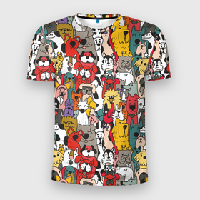 Мужская футболка 3D Slim с принтом Много много собак в Кировске, 100% полиэстер с улучшенными характеристиками | приталенный силуэт, круглая горловина, широкие плечи, сужается к линии бедра | 