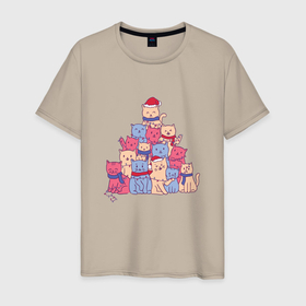Мужская футболка хлопок с принтом Новогодняя елка из котят в Петрозаводске, 100% хлопок | прямой крой, круглый вырез горловины, длина до линии бедер, слегка спущенное плечо. | 