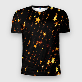 Мужская футболка 3D Slim с принтом Новогодний звездный дождь на черном фоне в Курске, 100% полиэстер с улучшенными характеристиками | приталенный силуэт, круглая горловина, широкие плечи, сужается к линии бедра | 