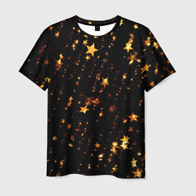 Мужская футболка 3D с принтом Новогодний звездный дождь на черном фоне в Кировске, 100% полиэфир | прямой крой, круглый вырез горловины, длина до линии бедер | 