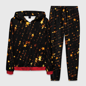 Мужской костюм 3D с принтом Новогодний звездный дождь на черном фоне , 100% полиэстер | Манжеты и пояс оформлены тканевой резинкой, двухслойный капюшон со шнурком для регулировки, карманы спереди | 