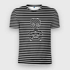 Мужская футболка 3D Slim с принтом Полосатый черно белый фон с черепом в Петрозаводске, 100% полиэстер с улучшенными характеристиками | приталенный силуэт, круглая горловина, широкие плечи, сужается к линии бедра | 