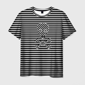 Мужская футболка 3D с принтом Полосатый черно белый фон с черепом в Петрозаводске, 100% полиэфир | прямой крой, круглый вырез горловины, длина до линии бедер | 