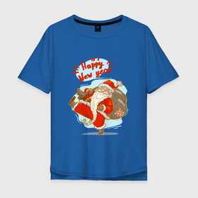 Мужская футболка хлопок Oversize с принтом Санта с мешком подарков в Екатеринбурге, 100% хлопок | свободный крой, круглый ворот, “спинка” длиннее передней части | 